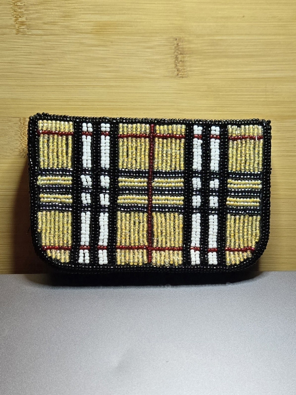 Far Nine Beaded Plaid Clutch in Gold, Black, Red & White